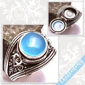 Blue Chalcedony Eclectic Silver Poison Ring, Size 9 (Sky Blue)